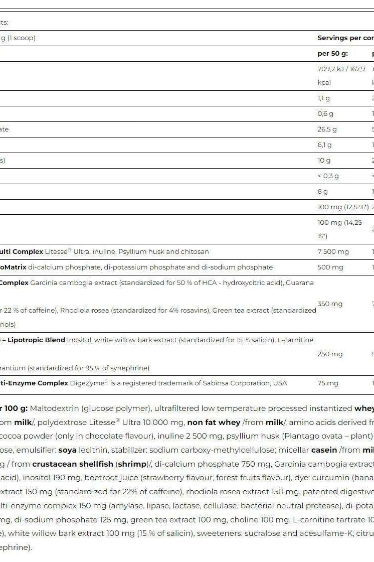 Nutritional information and ingredients list for Amix Shake 4 Fit&Slim protein shake.