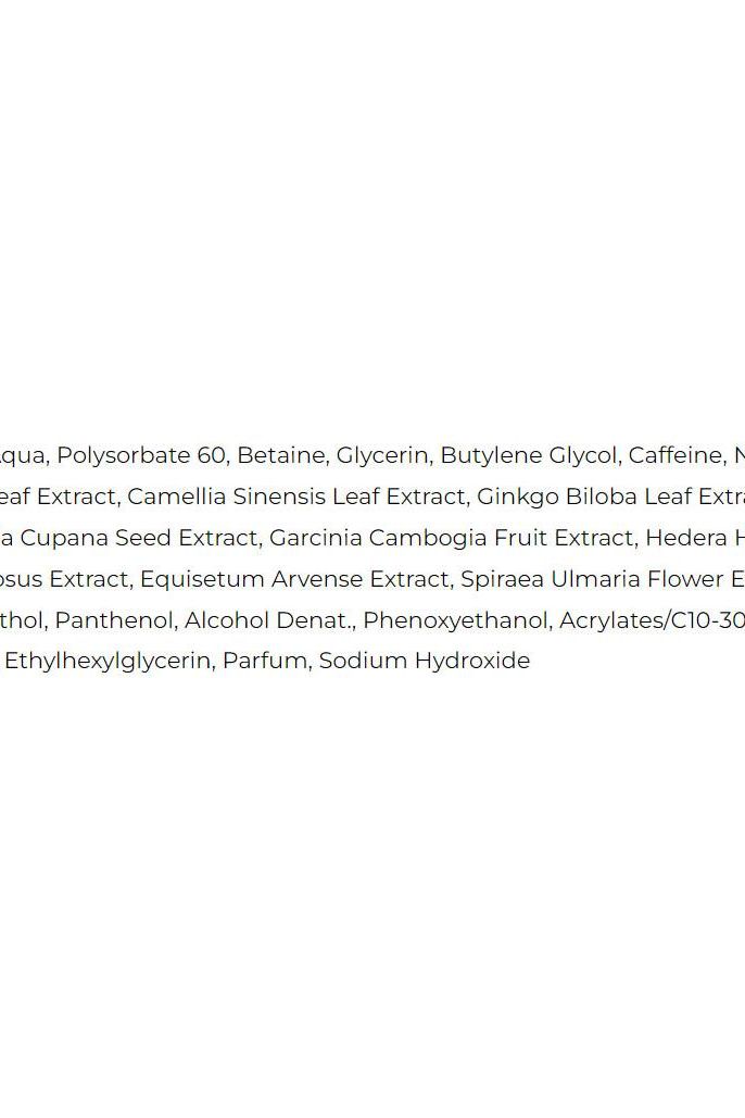 List of ingredients for Amix Super Anti-Cellulite Booster Gel including glycerin, caffeine, and various plant extracts.