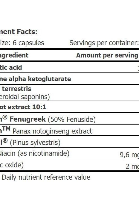 Ingredient list for Amix TestoXT Booster, detailing nutrients and serving size for testosterone support.