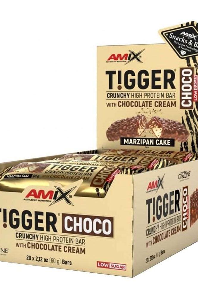 Amix Tigger Choco protein bars box with marzipan cake flavor, high protein, low sugar snack option.