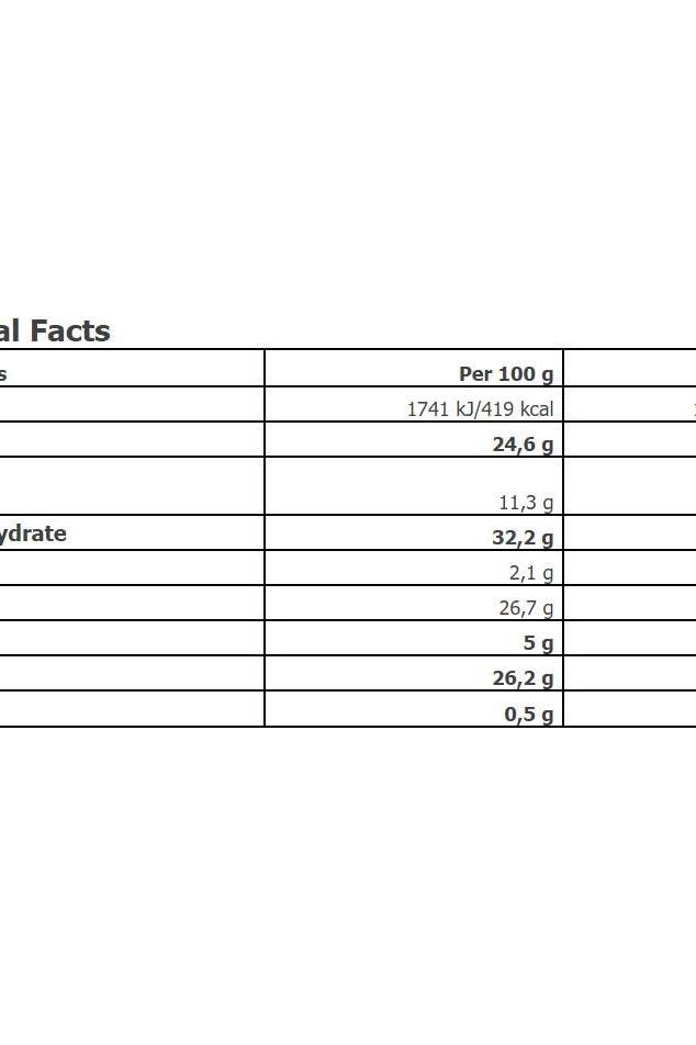 Nutrition facts table for Amix - Tigger® Choco, detailing energy, protein, carbs, and fats per 100g.