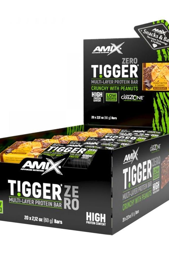 Amix TIGGER Zero protein bar box, featuring multi-layer bars with peanuts, low carbs, high protein, and great taste.