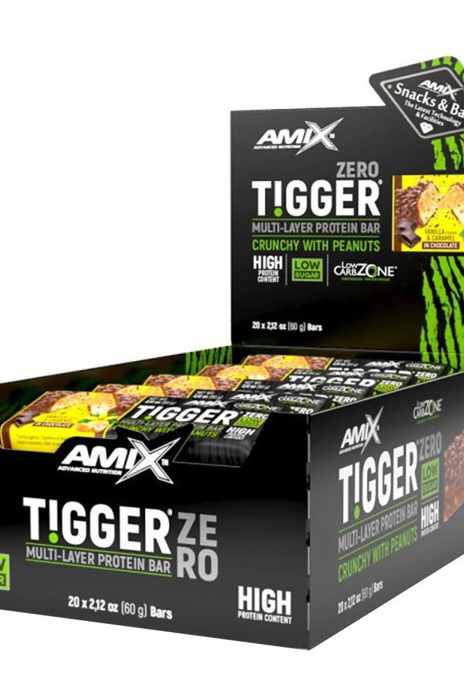 Amix TIGGER Zero multi-layer protein bars display box featuring crunchy peanut flavor, low sugar, and high protein content.