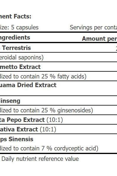 Supplement facts for Amix Tribusten including ingredients like Tribulus Terrestris, Saw Palmetto, and Ginseng.