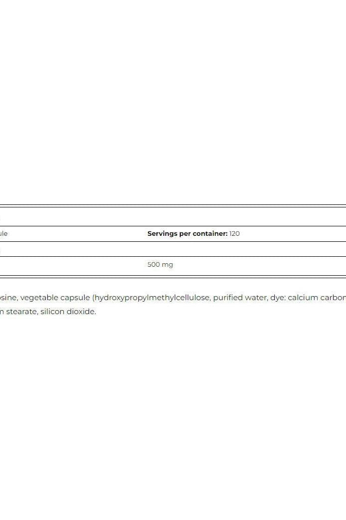 Amix Tyrosine 500 mg supplement facts showing servings, ingredients, and nutritional information.