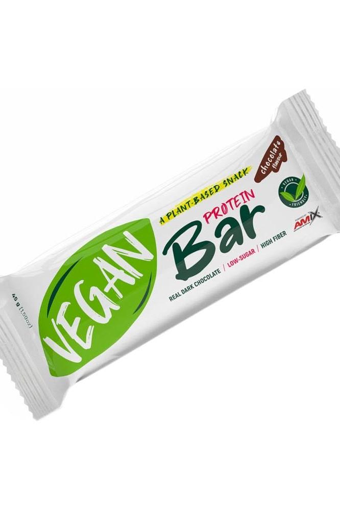 Amix Vegan Protein Bar wrapped, featuring dark chocolate, low sugar, and high fiber, perfect for plant-based protein needs.