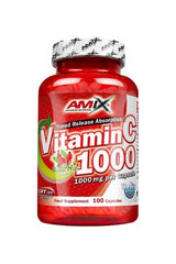 Amix Vitamin C 1000 mg with Rose Hips, 100 capsules, dietary supplement for immune support and iron absorption.
