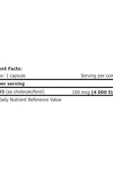 Nutrition facts for Amix Vitamin D 4.000 I.U. showing serving size and vitamin D content.