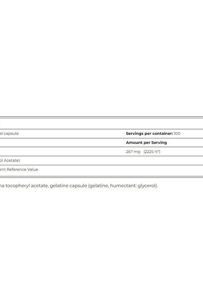 Amix Vitamin E 400 IU supplement facts, showing servings and ingredient details in a clear format.