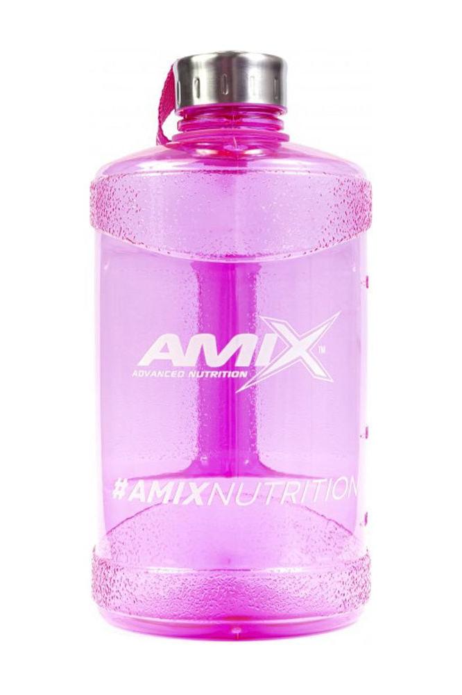 Amix water bottle in pink, 2.2 liters, with stainless steel screw lid and nylon strap, perfect for gym and outdoor use.
