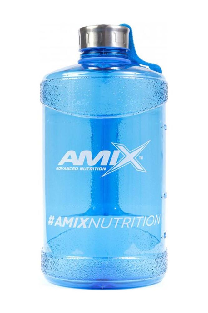 Amix blue water bottle with stainless steel cap and nylon carrying strap, perfect for hydration on the go.