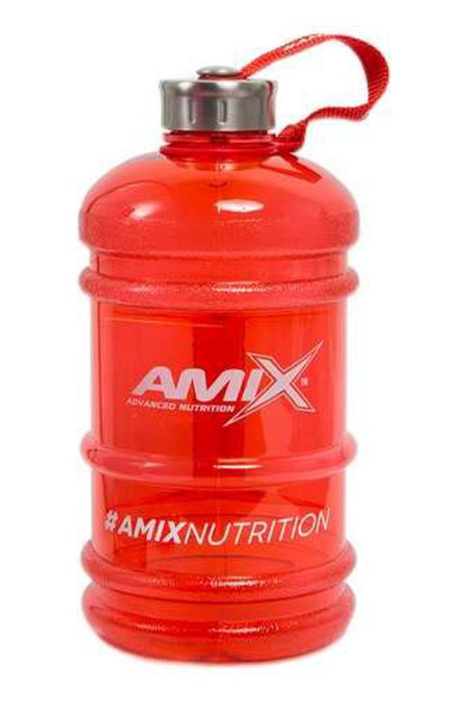 Amix red water bottle with stainless steel screw cap and nylon strap, ideal for gym, hiking, and office use.