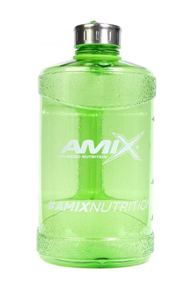 Amix green water bottle with stainless steel cap, BPA-free, 2.2 liters for gym and outdoor activities.
