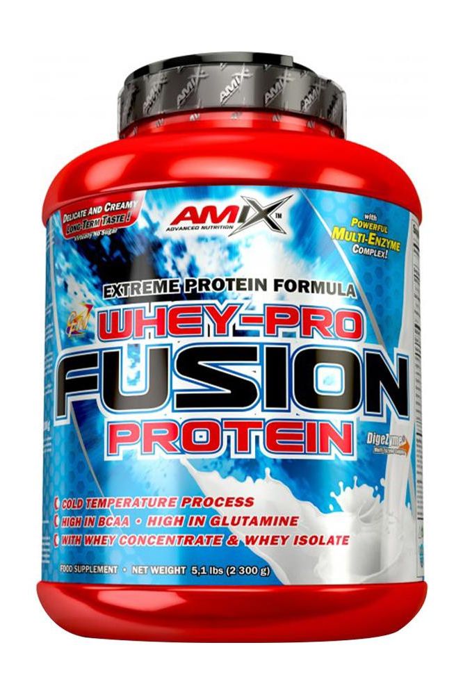 Amix Whey-Pro Fusion protein powder container, promising muscle growth and includes high-quality whey protein.