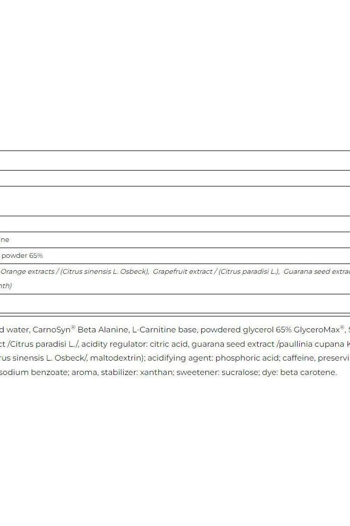Ingredients list for Amix XFat 2in1 SHOT Fruity, including beta alanine and guarana extract.
