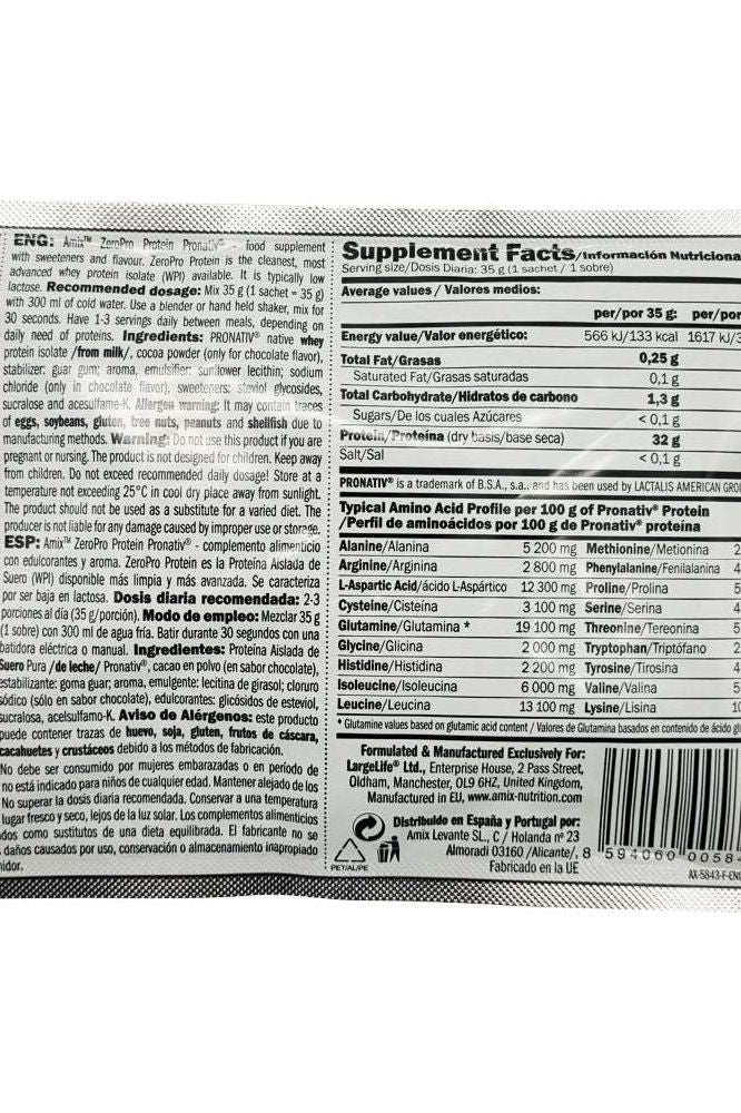 Supplement facts label for Amix Zero Pro Whey Native Isolate Protein Sample detailing nutritional information.