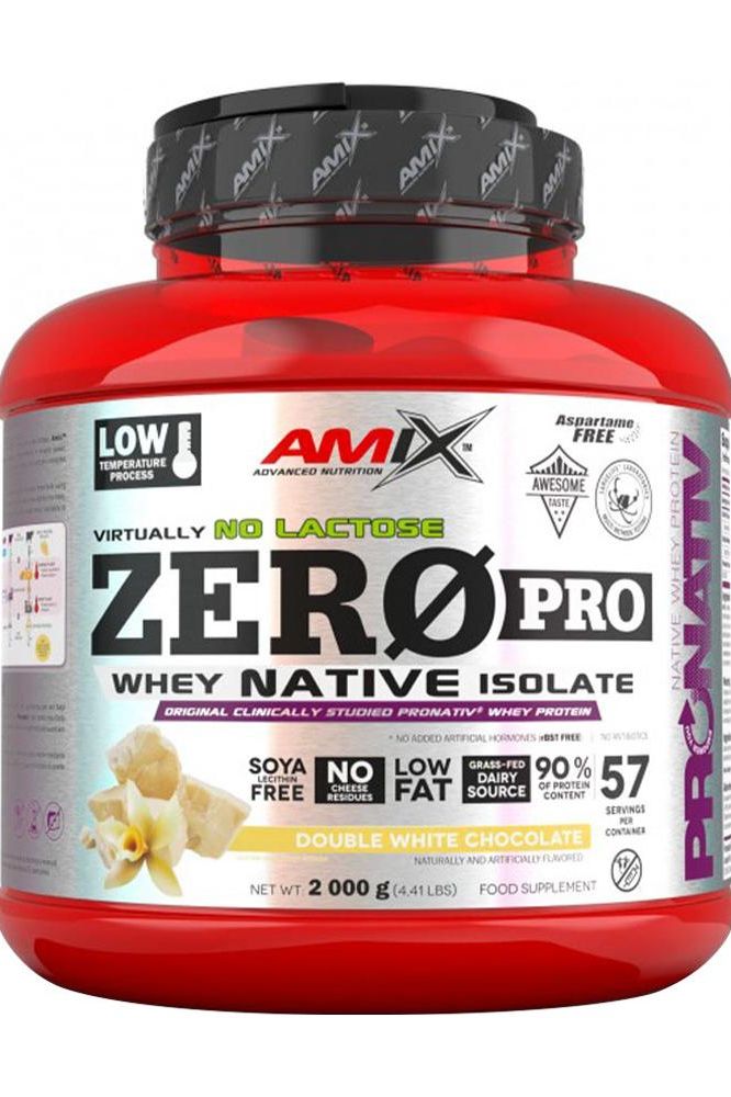 Amix ZeroPro Protein tub, double white chocolate flavor, high protein, low fat, virtually lactose-free whey isolate.