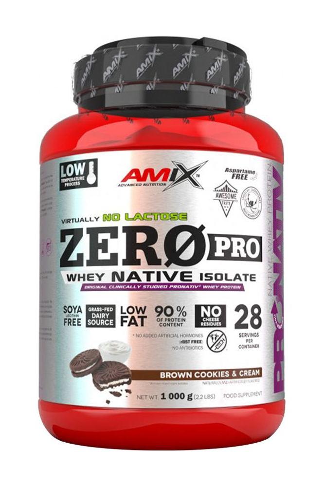 Amix ZeroPro Protein powder in Brown Cookies & Cream flavor, 1 kg container, high protein, low fat, lactose-free.