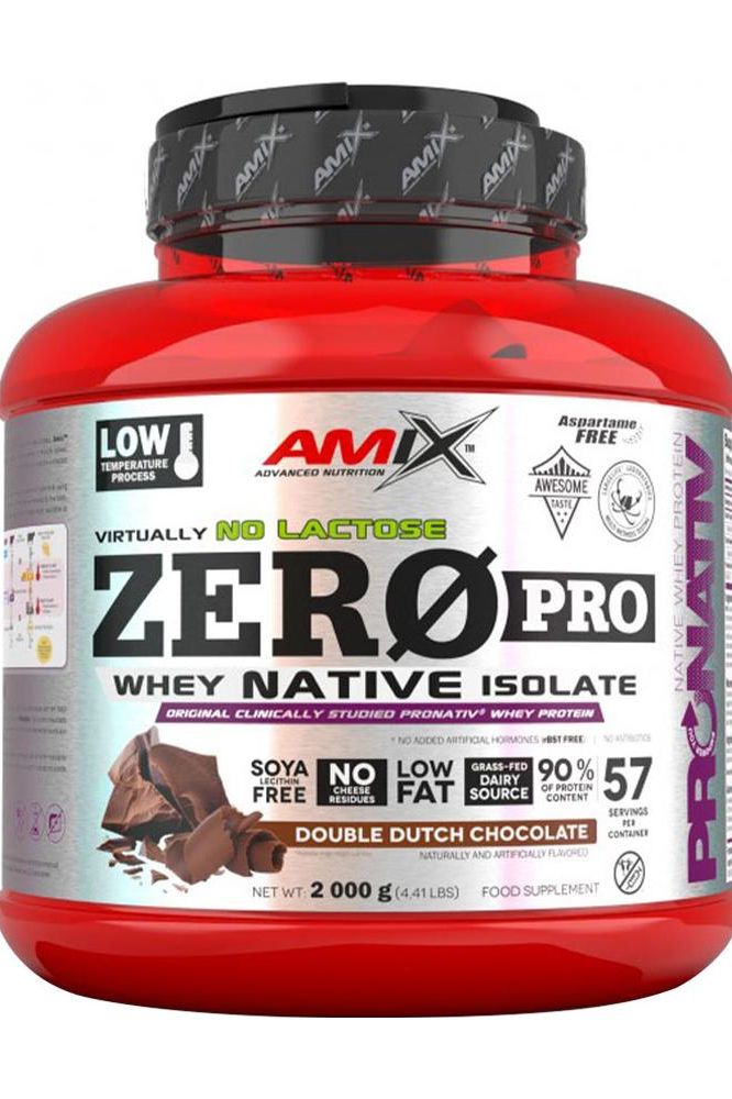 Amix ZeroPro Protein tub in Dutch chocolate flavor, low fat, lactose-free, and high protein content for muscle support.