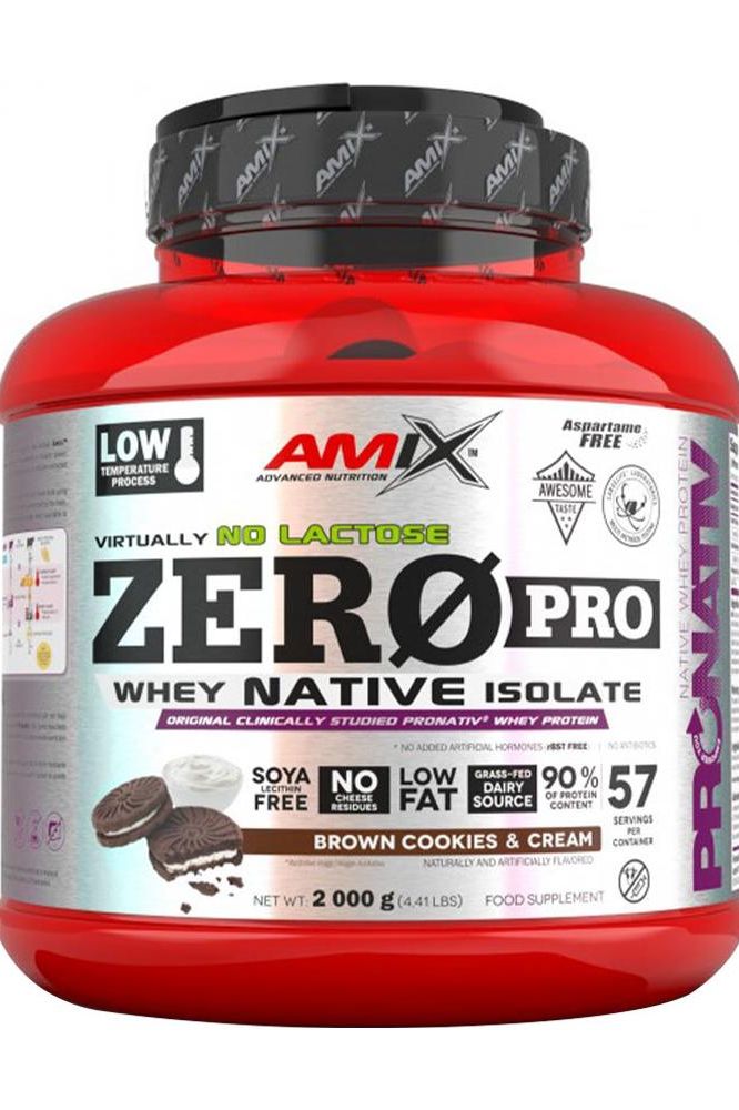 Amix ZeroPro Protein container featuring brown cookies & cream flavor, sugar-free, low fat, high protein.