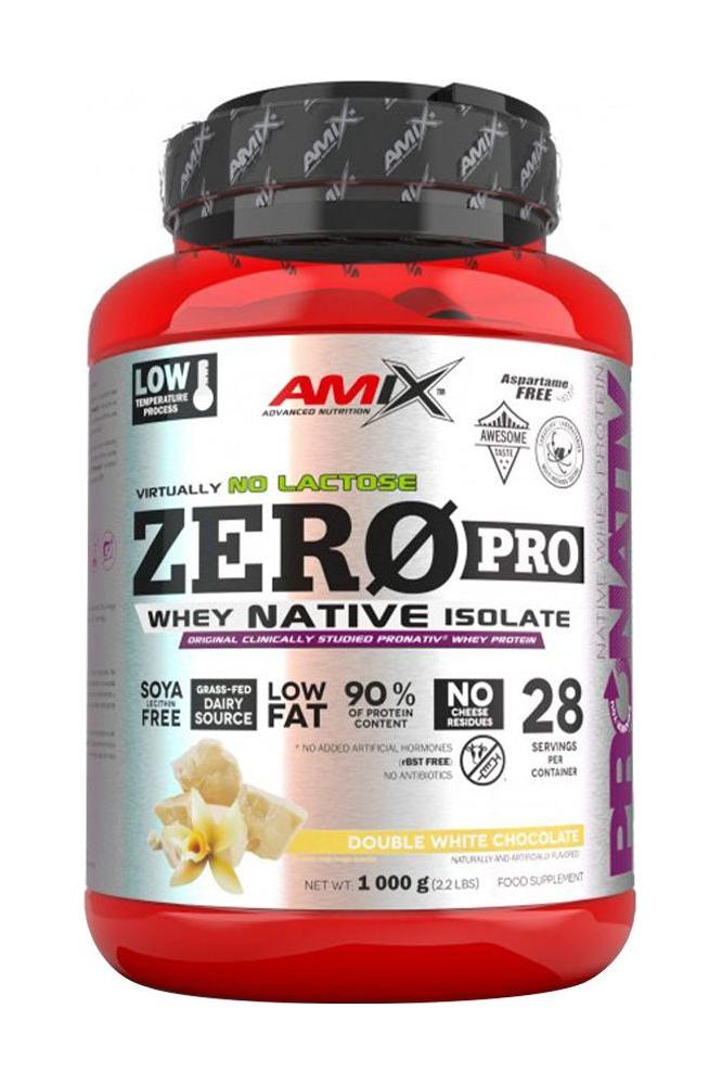 Amix ZeroPro protein powder in a red container, lactose-free, low fat, and high protein content.