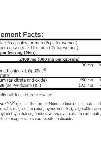 Supplement facts for Amix ZMA® showing ingredients and serving size details.