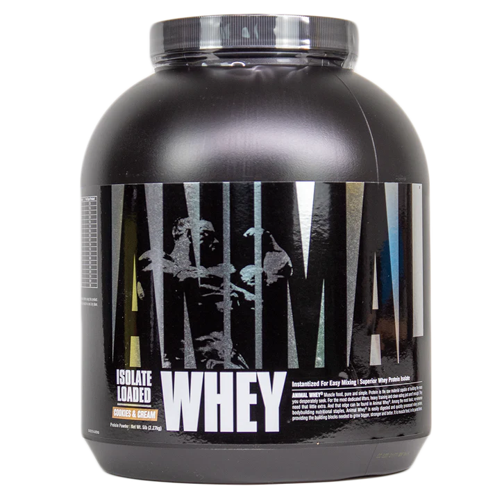 Universal Nutrition Animal Whey protein powder, ideal for muscle gain and recovery, showcasing its sleek black packaging.