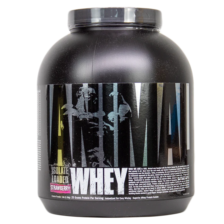 Universal Nutrition Animal Whey protein powder jar in strawberry flavor, promotes muscle growth and recovery.