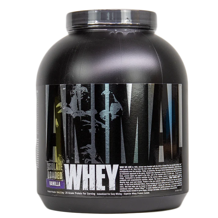 Universal Nutrition Animal Whey protein powder container in vanilla flavor for muscle building and recovery.