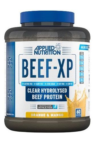 Applied Nutrition Beef-XP hydrolyzed beef protein powder in orange and mango flavor, 60 servings, lactose and soy free.