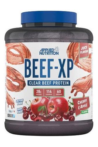 Applied Nutrition Beef-XP beef protein powder in cherry and apple flavor, 28g protein per serving, lactose-free.