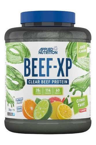 Applied Nutrition Beef-XP protein powder container, citrus twist flavor, lactose-free, low-fat, 28g protein per serving.