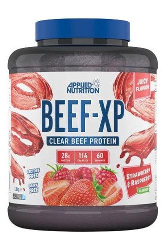 Applied Nutrition Beef-XP protein powder tub with strawberry and raspberry flavor, 28g protein, lactose-free.