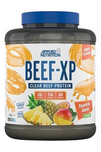 Applied Nutrition Beef-XP protein powder, 28g protein per serving, dairy-free, tropical flavor, 114 calories.