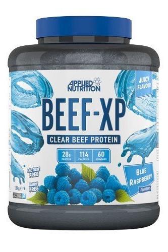 Applied Nutrition Beef-XP container with blue raspberry flavor, 28g protein, lactose-free and low sugar.