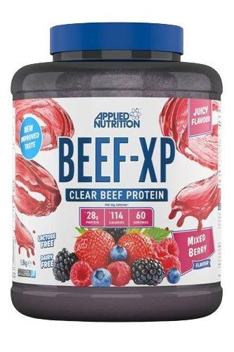 Applied Nutrition Beef-XP protein powder tub with mixed berry flavor, featuring 28g protein and lactose-free.