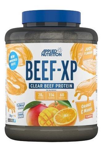 Applied Nutrition Beef-XP protein powder with orange and mango flavor, 28g protein per serving, lactose and dairy-free.