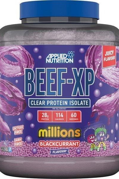 Applied Nutrition Beef-XP protein powder in blackcurrant flavor, 28g protein per serving, lactose-free, clear protein isolate.