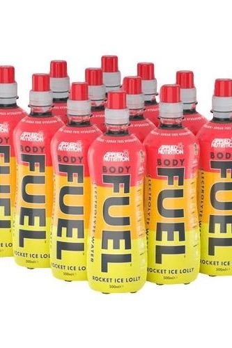 Package of Applied Nutrition Bodyfuel Hydration & Vitamin Water, featuring vibrant Rocket Ice Lolly flavor in 500ml bottles.