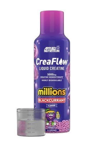 Applied Nutrition CreaFlow Liquid Creatine in blackcurrant flavor with measuring cup.