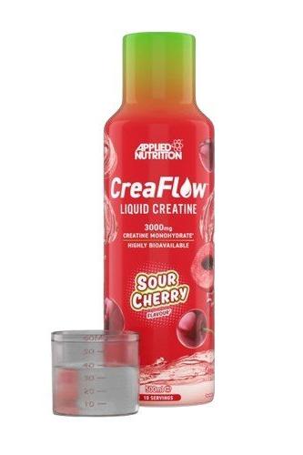 Applied Nutrition CreaFlow Liquid Creatine in Sour Cherry flavor with measuring cup.