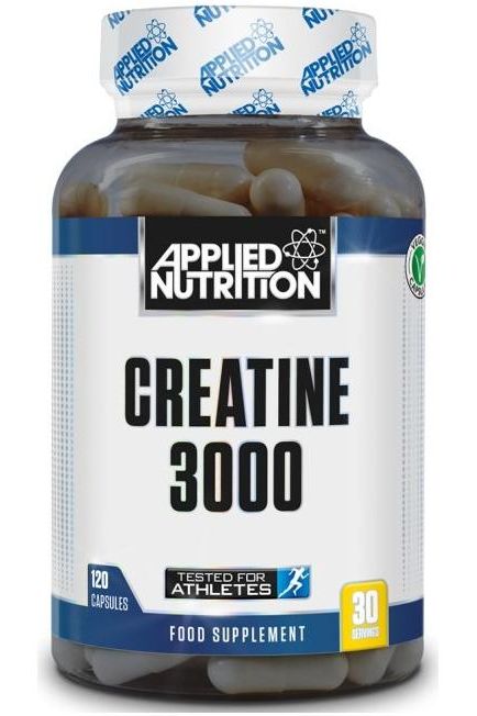 Applied Nutrition Creatine 3000 supplement bottle with 120 veggie capsules for athletic performance.