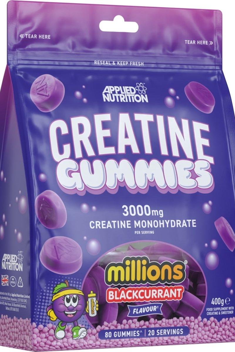 Applied Nutrition Creatine Gummies, 3000mg creatine monohydrate, vegan, gluten-free, blackcurrant flavor, 80 gummies.