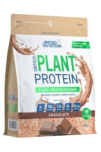 Applied Nutrition Critical Plant Protein chocolate flavor, vegan protein powder with 24g protein per serving.