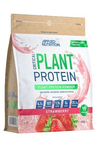 Applied Nutrition Critical Plant Protein powder bag with strawberry flavor, providing vegan protein and essential amino acids.