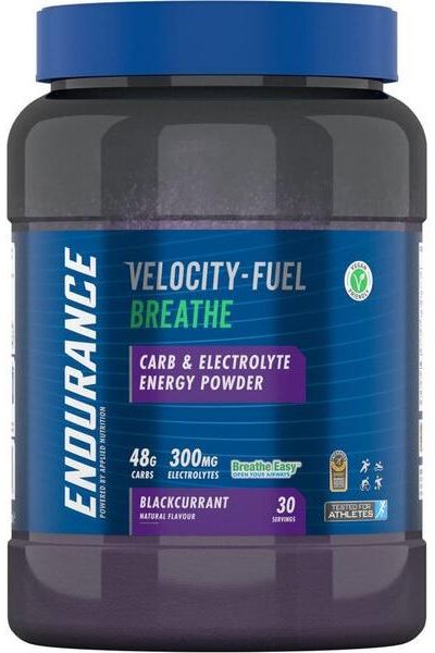 Applied Nutrition Endurance Breathe Velocity-Fuel powder, blackcurrant flavor, for enhanced performance and energy replenishment.