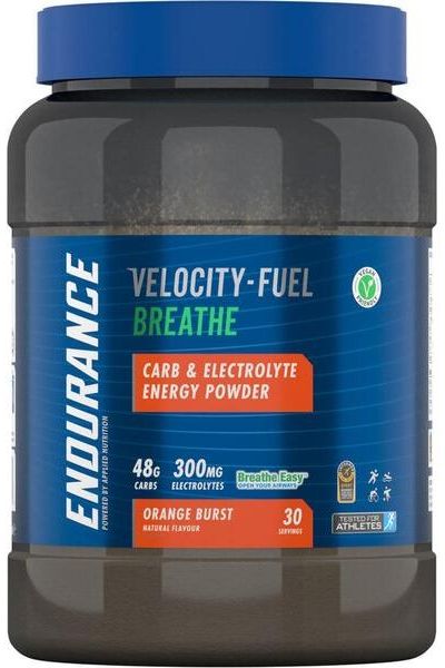 Applied Nutrition Endurance Breathe energy powder in orange burst flavor, featuring carbs and electrolytes for athletes.