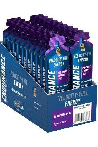 Applied Nutrition Endurance Energy Isotonic Gel in a box, featuring blackcurrant flavor and 23g carbohydrates per gel.