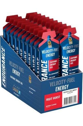 Applied Nutrition Endurance Energy Isotonic Gel display box featuring multiple packs of Fruit Burst flavor.
