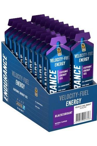 Applied Nutrition Endurance Velocity-Fuel Isotonic Energy Gel packaging, blackcurrant flavor, 24 count.